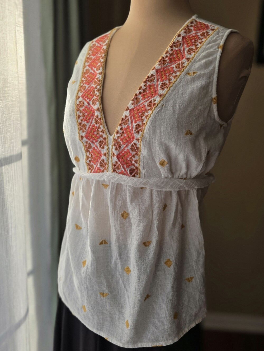 Lucky Brand White Orange Embroidered Boho Cotton V-Neck Romantic Tank Top Medium